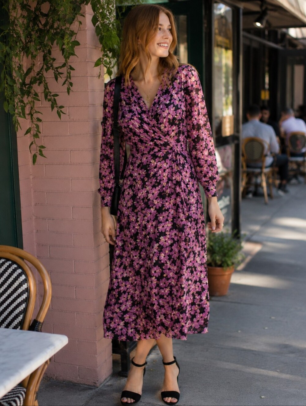 Kate Spade Wallflower Midi Dress 2 Black Pink Metallic Silk Chiffon Long Sleeve